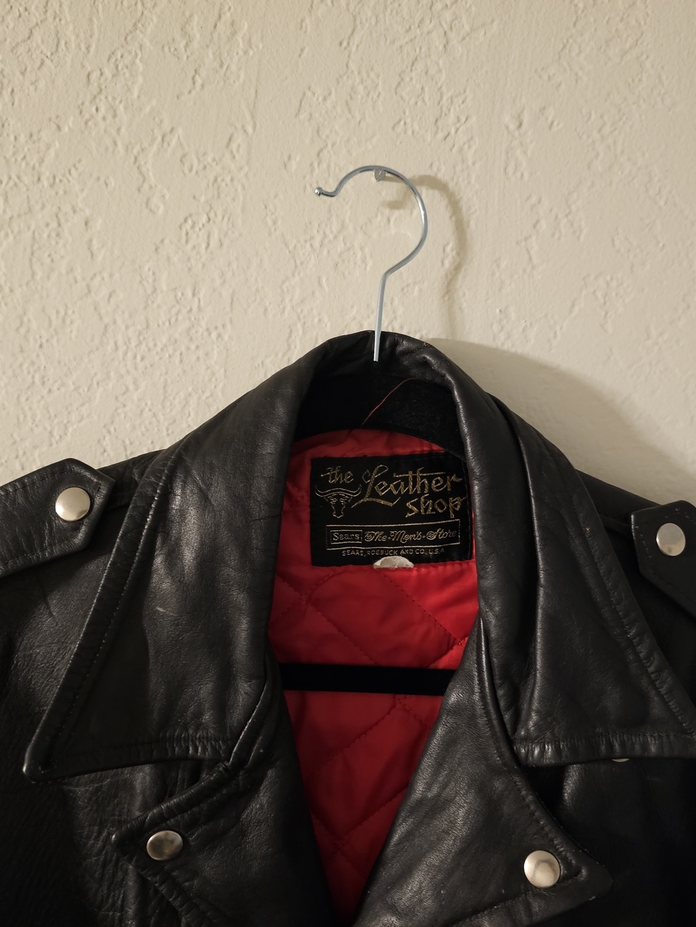 Vimtage Searse  Black Leather Biker Jacket with Red Quilted Lining Size L - Picture 12 of 13